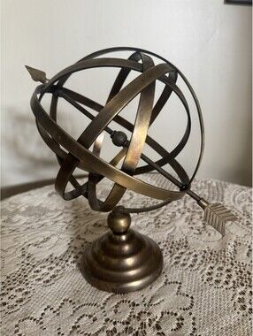 Vintage Metal Armillary Sphere Globe 11 Inches Tall Black Cast Iron Orb Decor